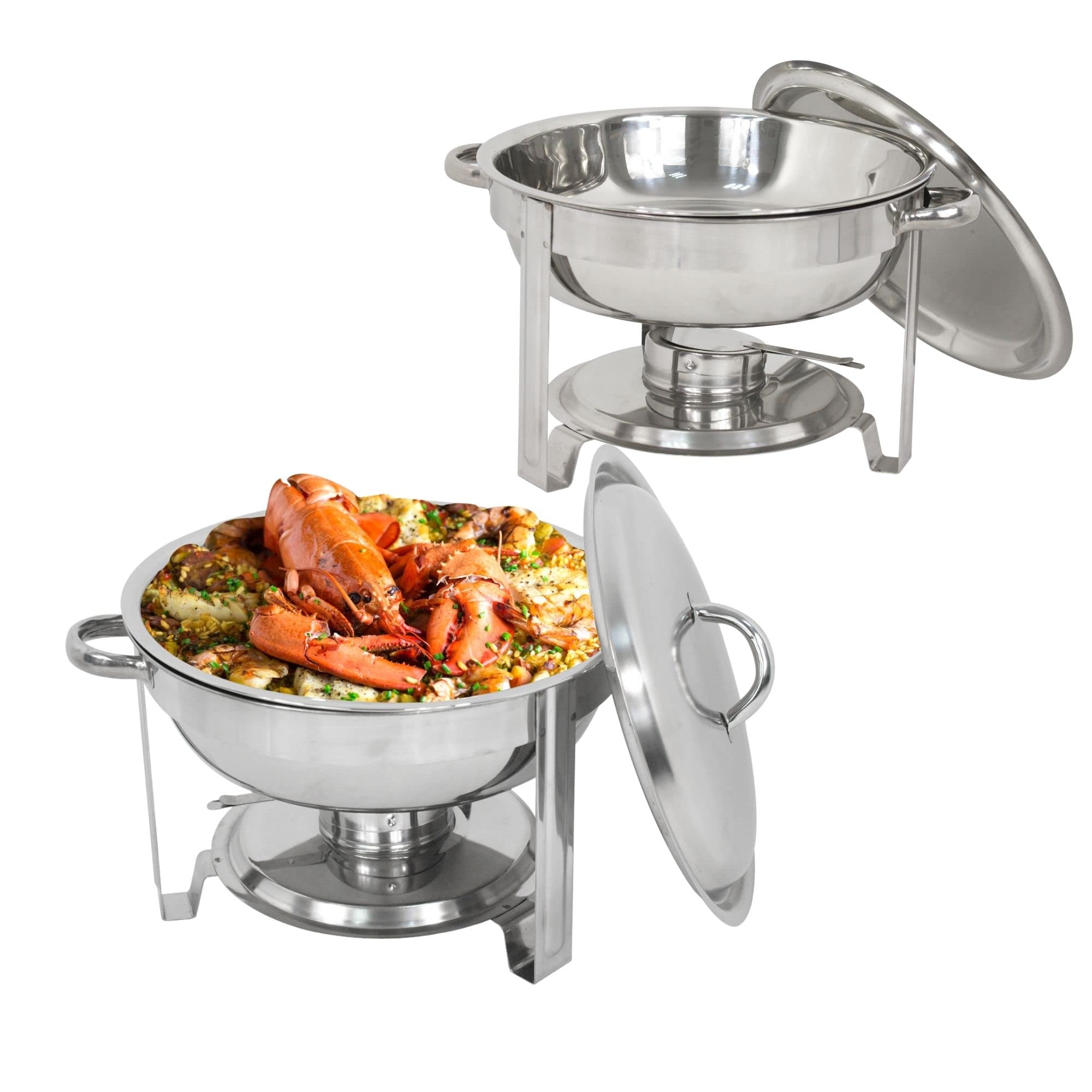 F2C 2 Pack of Stainless Steel Round Chafing Dish Buffet Set Chafer Warmer Set with Trays Pan Lid Folding Frame Stand for Kitchen Party Banquet Dining,5 Quart Full Size