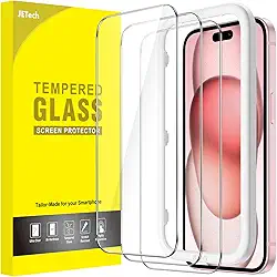 JETech Película de Vidro Temperado para iPhone 15 6,1 Polegadas, Protetor de Tela com Ferramenta, Compatível com Capa, HD Claro, Pacote de 3 Unidades