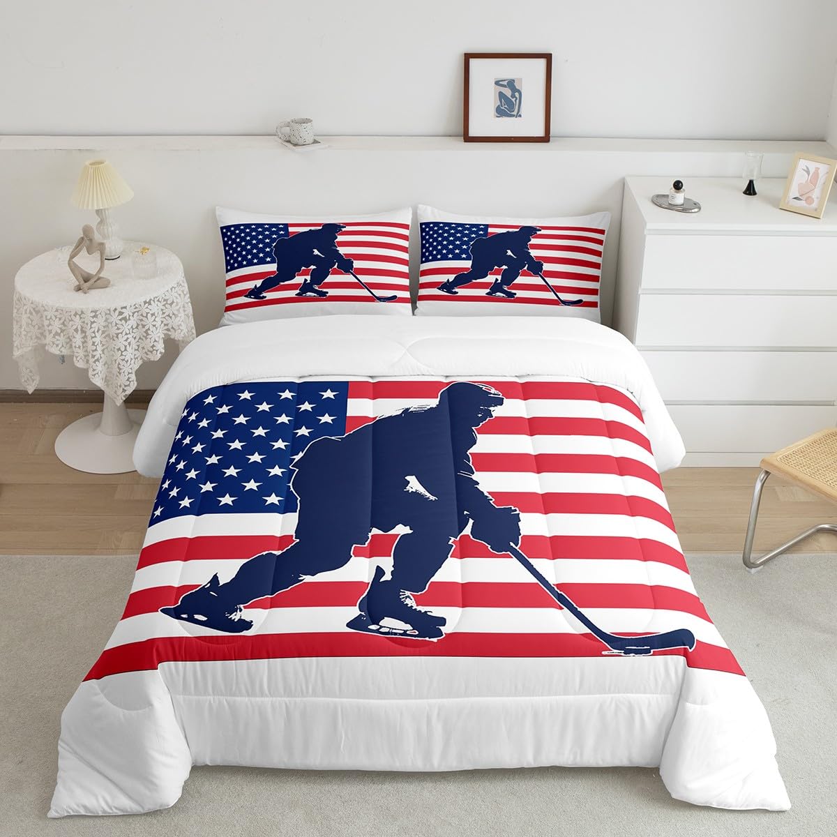 Feelyou Ice Hockey Comforter Set Queen Size 3Pcs for Kids Boys Girls Teens