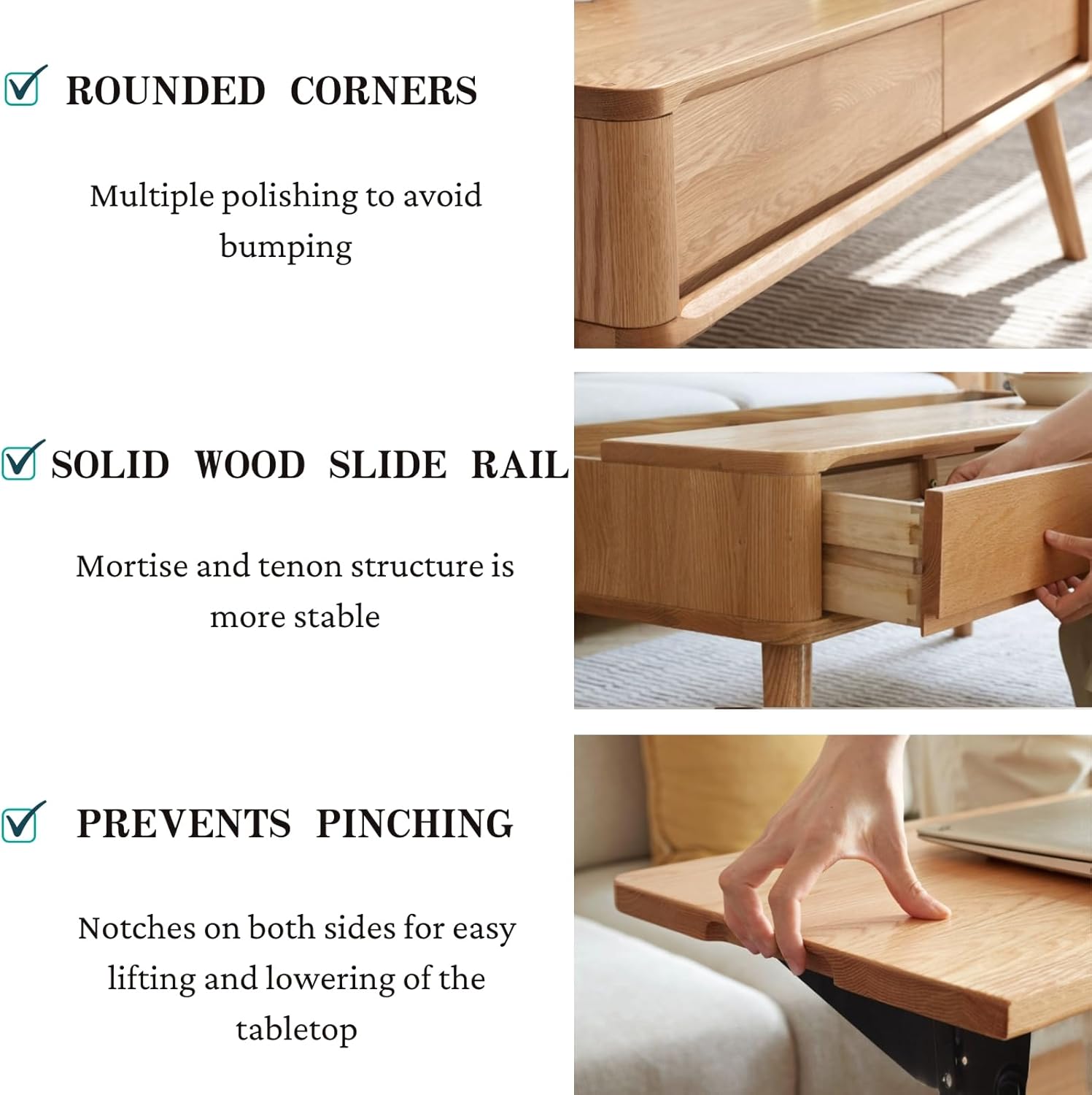 Lift Top Coffee Table with Storage - 100% Solid Oak Wood Lift Coffee Table - 39 Inch Wooden Coffee Table for Living,Dining and Working