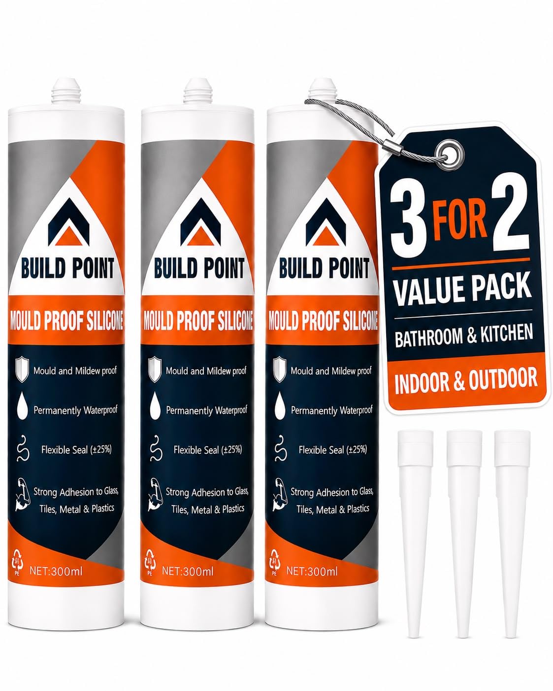 Build Point Mould Proof Silicone Sealant 3 Strong Clear Waterproof Sanitary Silicone for Bathroom, Kitchen, Exterior, uPVC Windows, Shed, Anti Mould Shower Leak Sealing & Plumbing 300ml