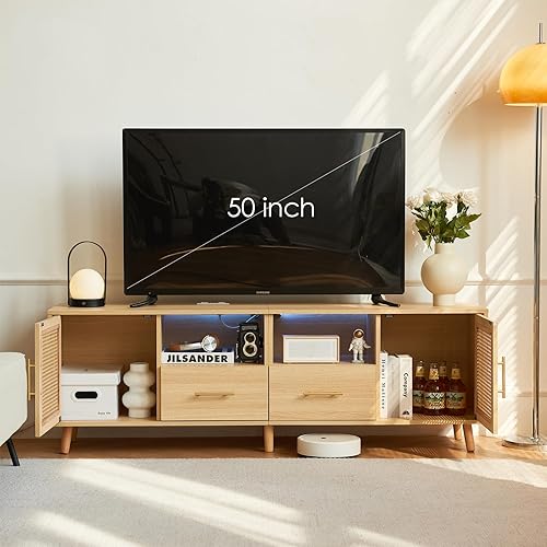 Miniatura 6 de JanflyHome Soporte de TV para TV de 70 pulgadas, moderna consola multimedia de ratán con estación de carga, tira de luz, detalles de gabinete de