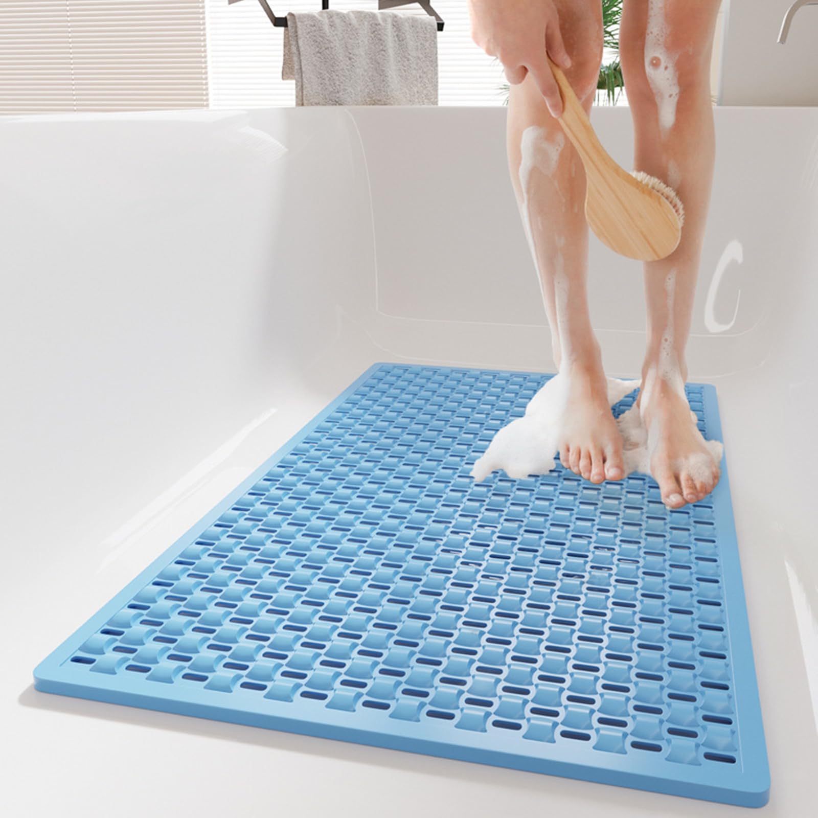 Bath Tub Shower Safety Mat, 28 x 16 Inches, Non-Slip Waterproof Mat with Suction Cups for Bathtub, Shower, Bathroom, and Kitchen (Light Blue)