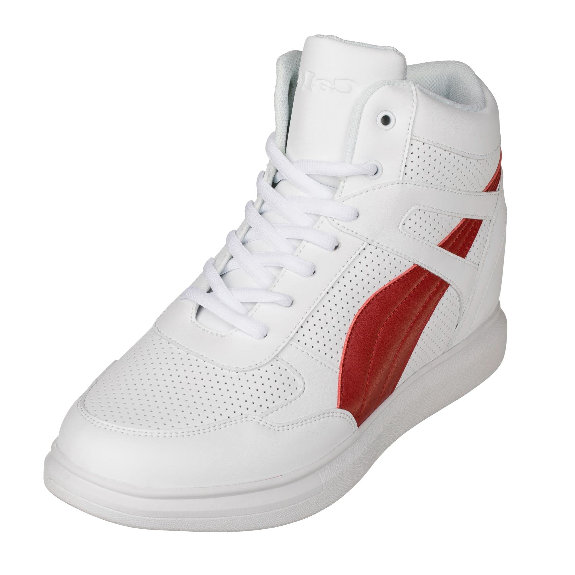 CALTO Men's Invisible Height Increasing Elevator Shoes - White/Red Leather Lace-up High-top Fashion Sneakers - 3.8 Inches Taller - H71902 - Size 8 D(M) US