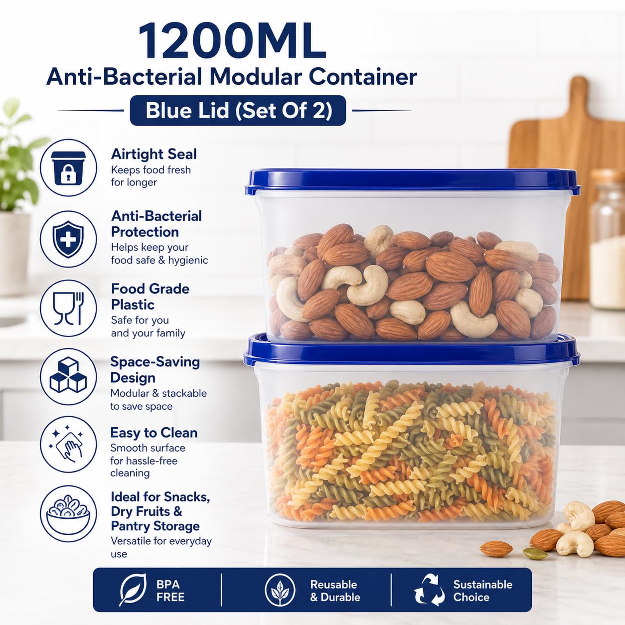 Cutting EDGE Sello antimicrobiano | Recipientes de almacenamiento de protección antibacteriana ovalados | Cocina modular | para Harina, Modular, 1200ml, Juego de 2, Azul Marino