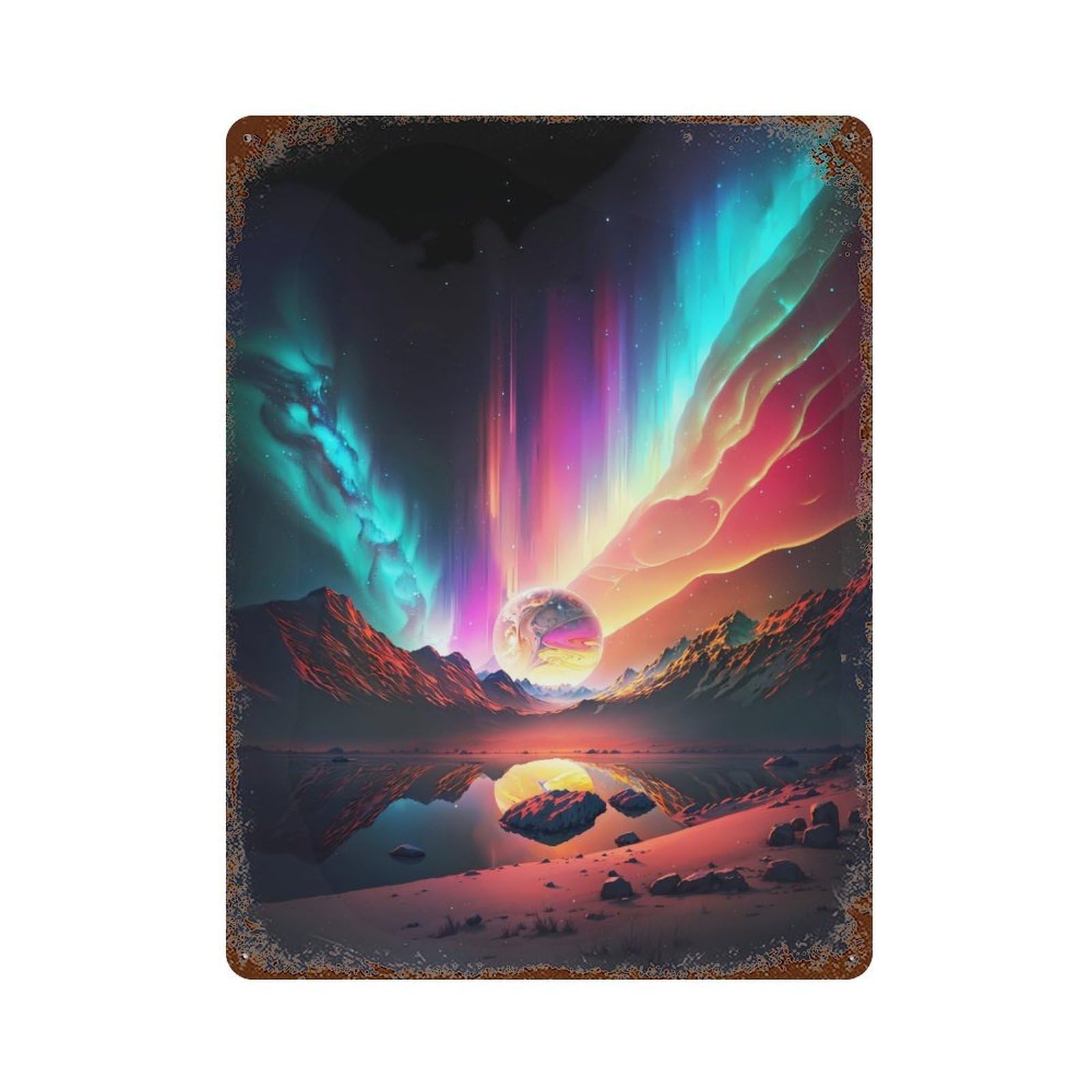 Distressed Metal Wall Sign with Aurora Borealis Wonder Design 15.7"x11.8", for Office, Studio And Wall Decor, Industrial Home Decor