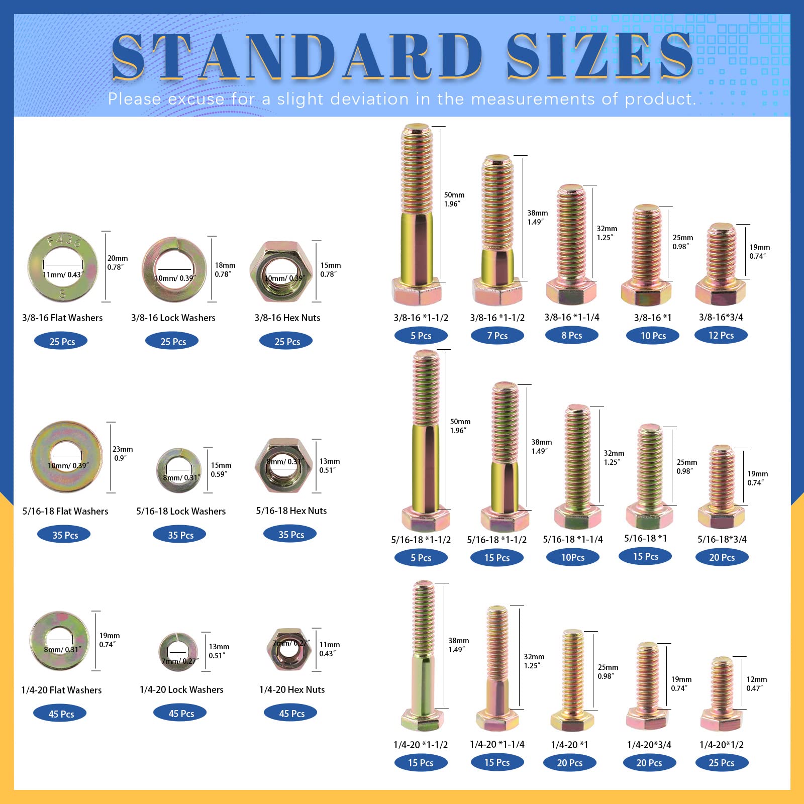 Glarks 512 pezzi di grado 8 bulloni esagonali a filettatura grossa Dadi Viti Rondelle Kit Assortimento, 1/4-20 5/16-18 3/8-16 pollici 15 dimensioni viti a testa esagonale e dadi esagonali rondelle