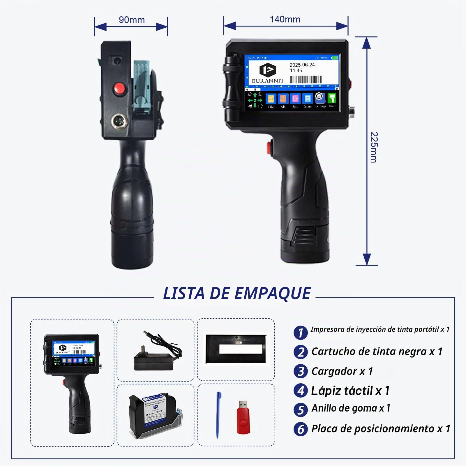 Impresora de Inyección de Tinta Portátil 12.7 mm E15 con Tinta de Secado Rápido ER520 para Texto, Código de Barras, Fecha y Logotipo