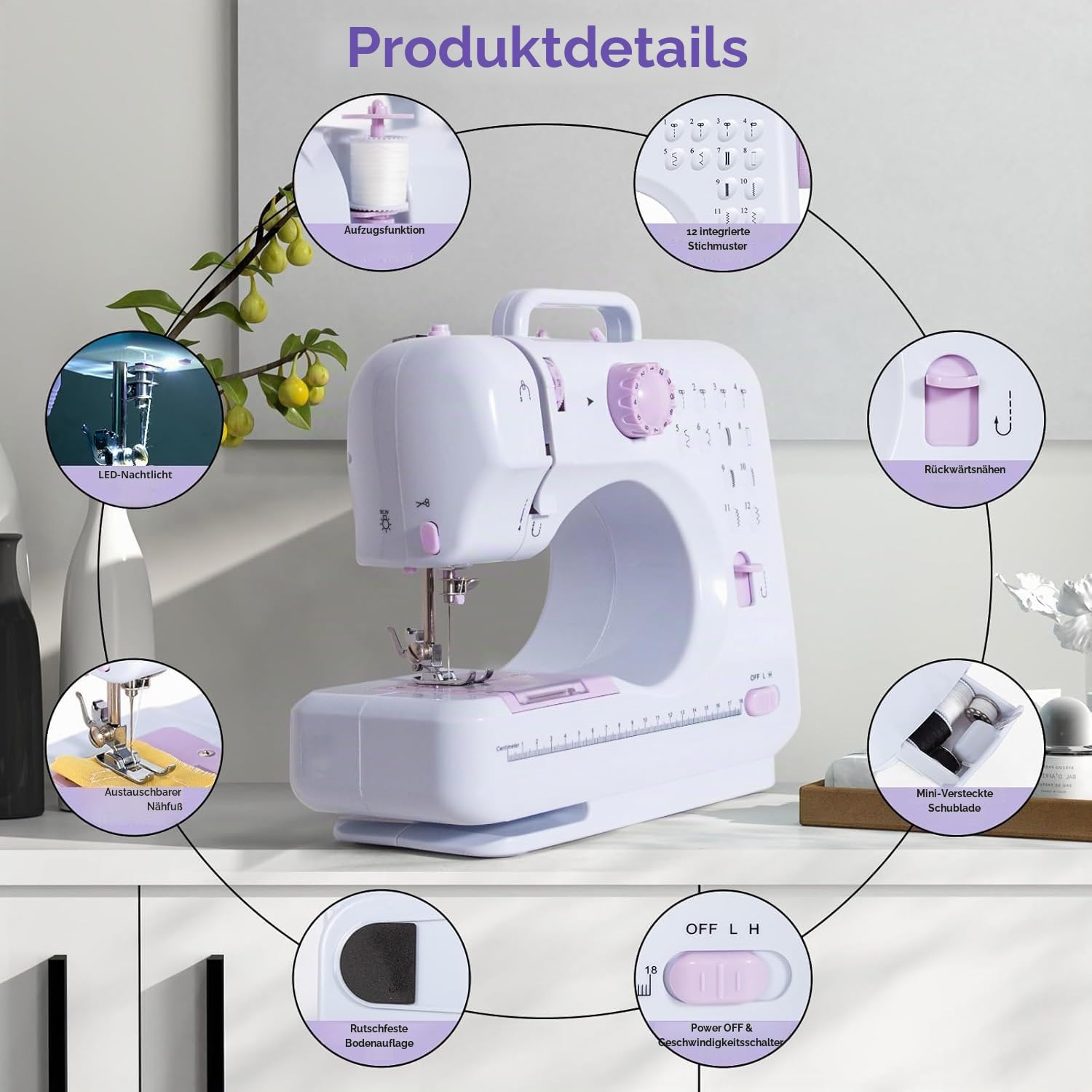 Todeco Nähmaschine für Anfänger und Kinder, 12 Stichmuster, Nähmaschine Klein mit Fußpedal Nählicht Elekt, mit Nähset (Lila)