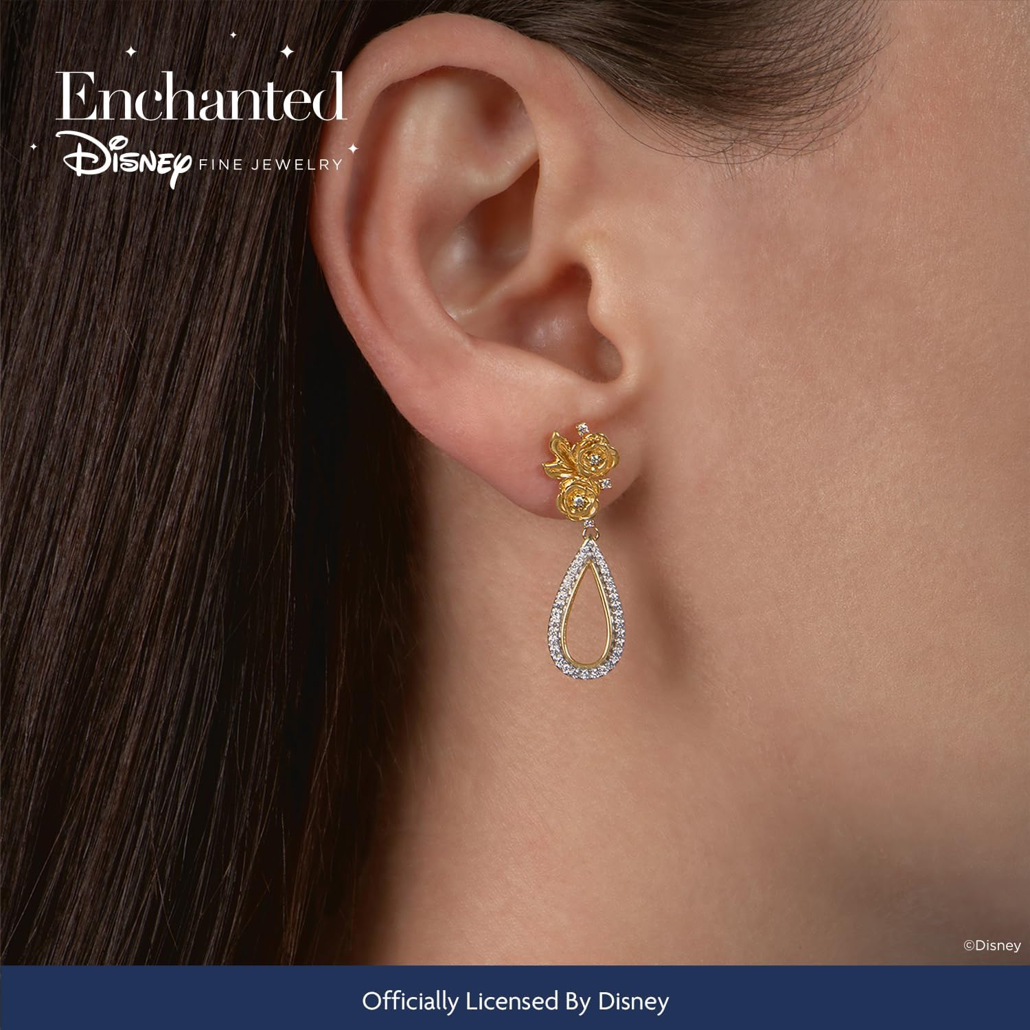 Jewelili Enchanted Disney Fine Jewelry 14K Yellow Gold Over Sterling Silver 1/4 Cttw Natural White Round Diamond Belle Dangle Earrings