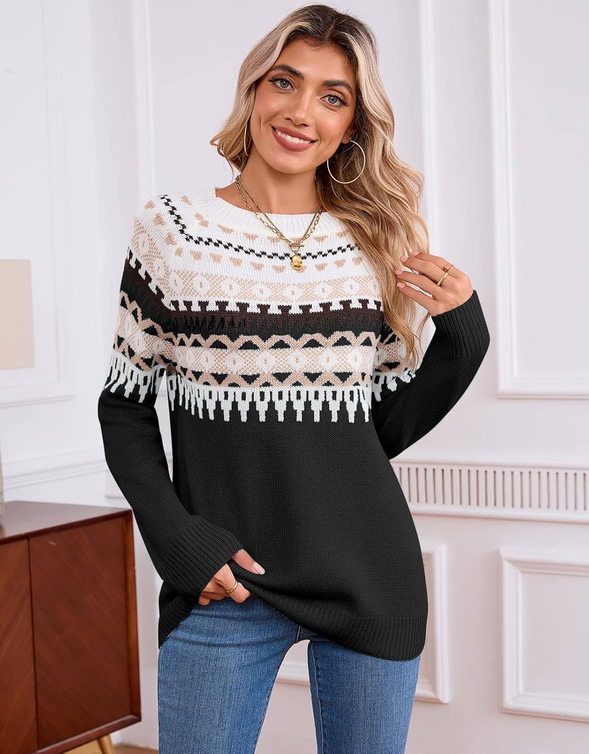 Women's Vintage Fair Isle Pullover Sweater Casual Fit Dressy Crewneck Long Sleeve Lightweight Knit Tops - Image 2
