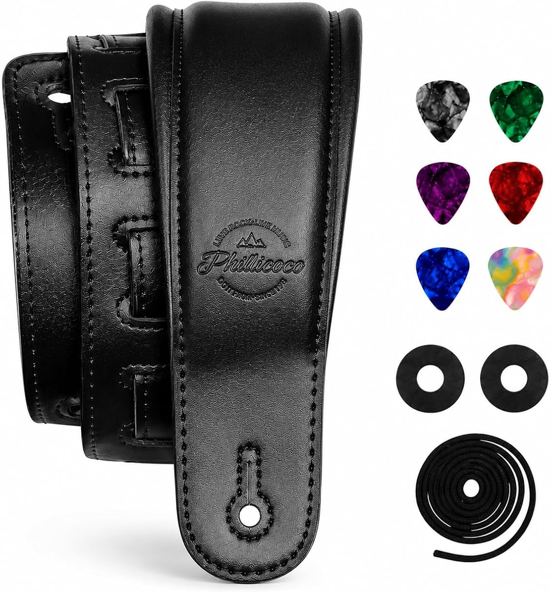 Padded Leather Guitar Strap 3.15" Wide Non Slip with Locks&Picks