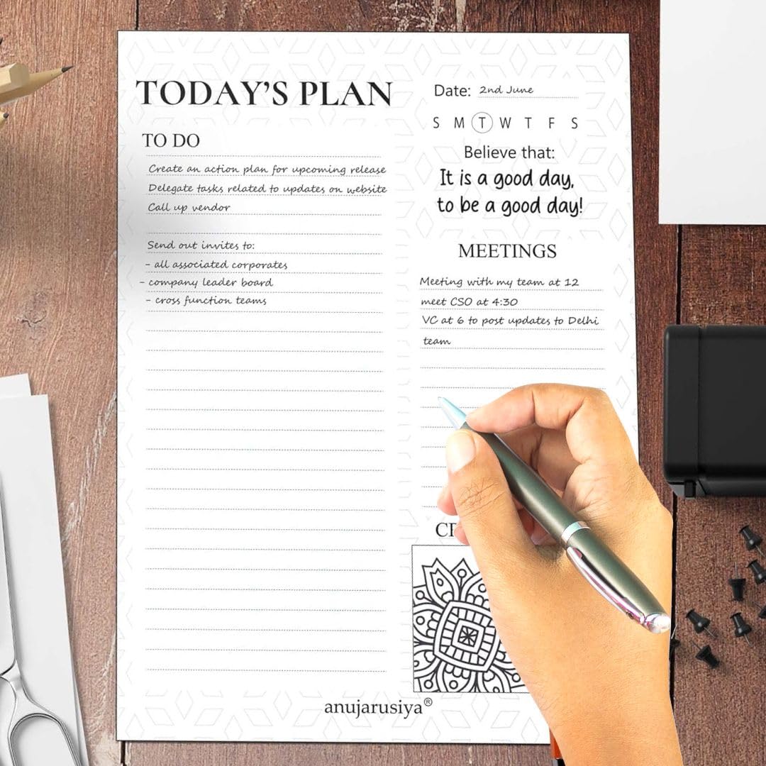 anujarusiya Daily Planner Notepad with To Do List | 60 Tear-Off Planning sheets | B5-7”X9”| Organising Memo Pad for habit tracking| 120 GSM thick paper | Slate and Ivory 4