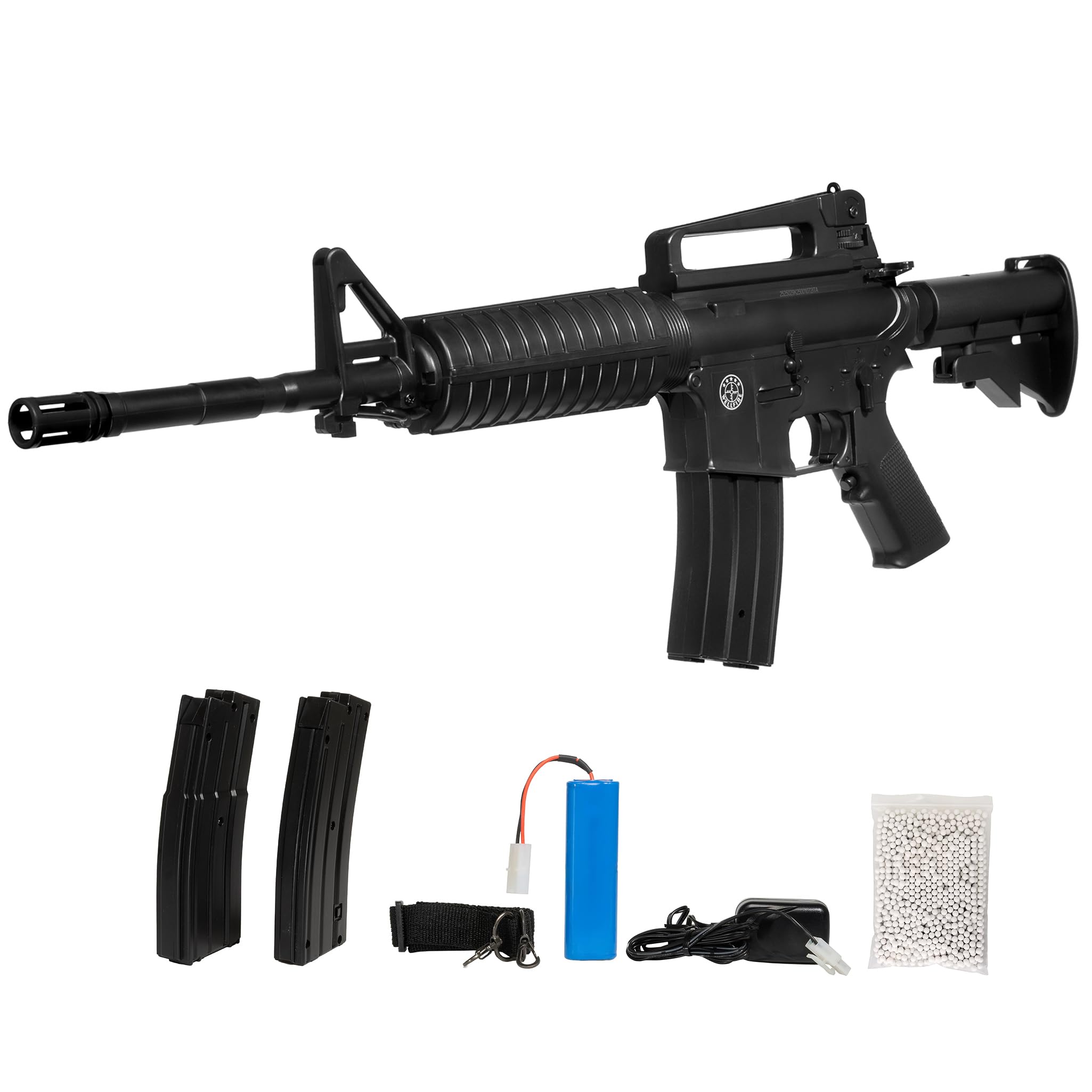 Fucile softair elettrico D94 nero, ABS resina, 2 caricatori 170 pallini, sicura singolo full-auto, calcio retrattile, Ni-MH 4.8V 700mAh + caricabatterie, POTENZA 0,9 JOULE