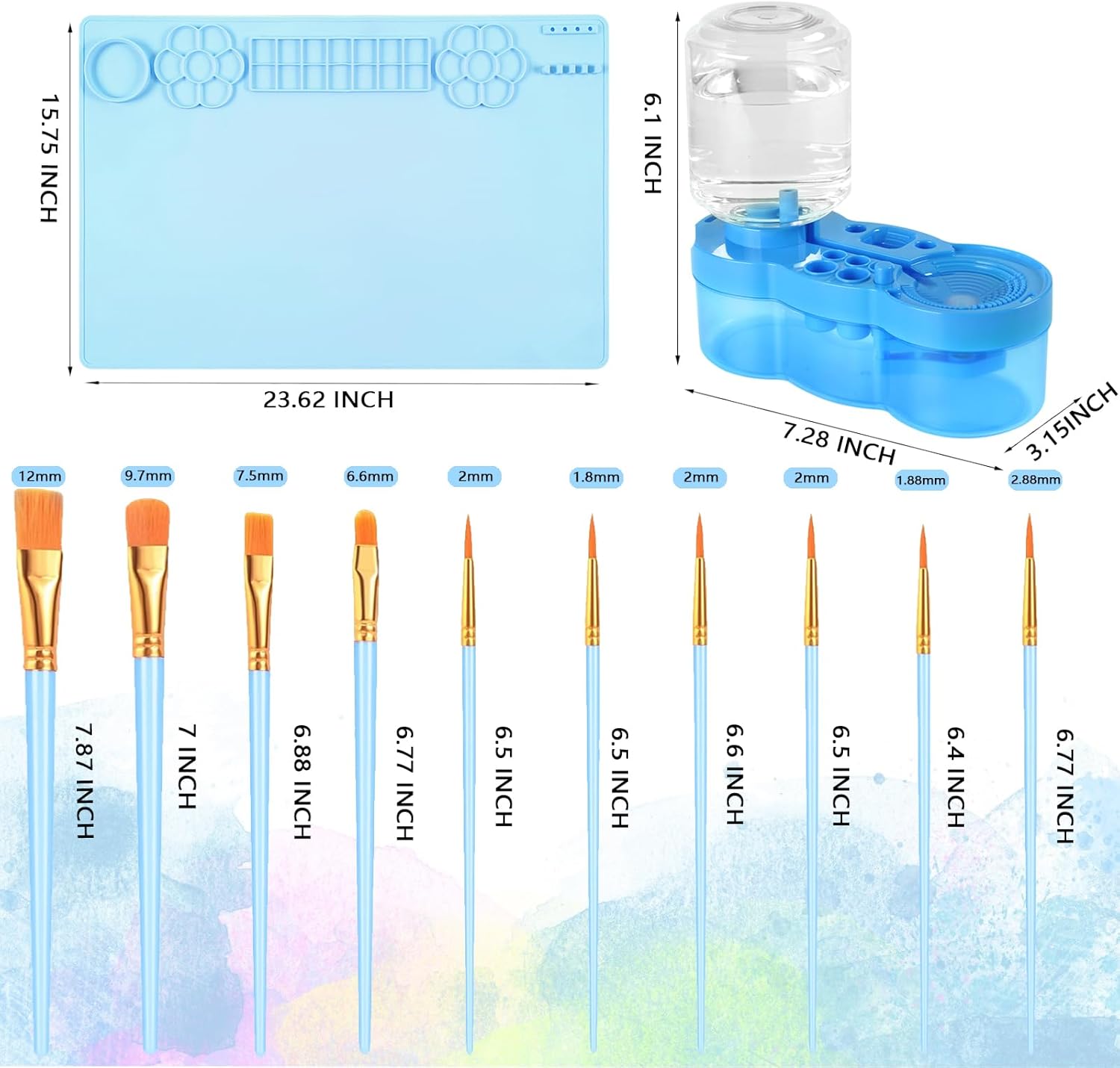 Paint Station，Silicone Painting Mat Set 23.6" x 15.75" with Brush Cleaner & 10 Brushes – Non-Slip, Washable Art Station for Watercolor, Acrylic & DIY Crafts (Blue