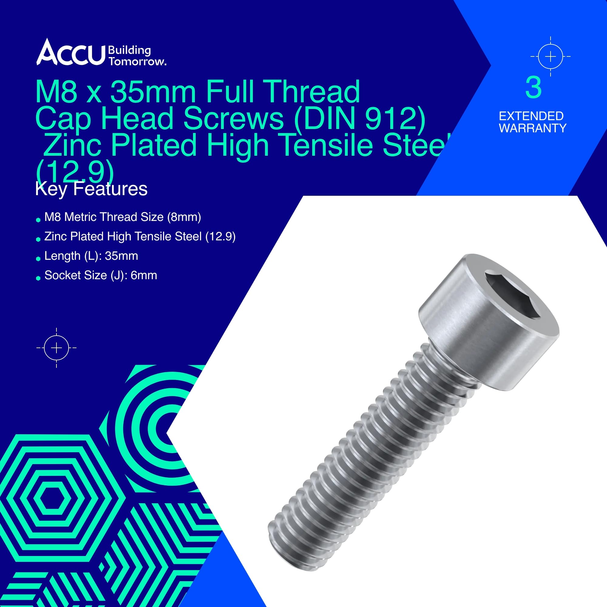 Accu - M8 x 35mm Full Thread Cap Head Screws (DIN 912) - Zinc Plated High Tensile Steel (12.9) (Pack of 10) - Image 2