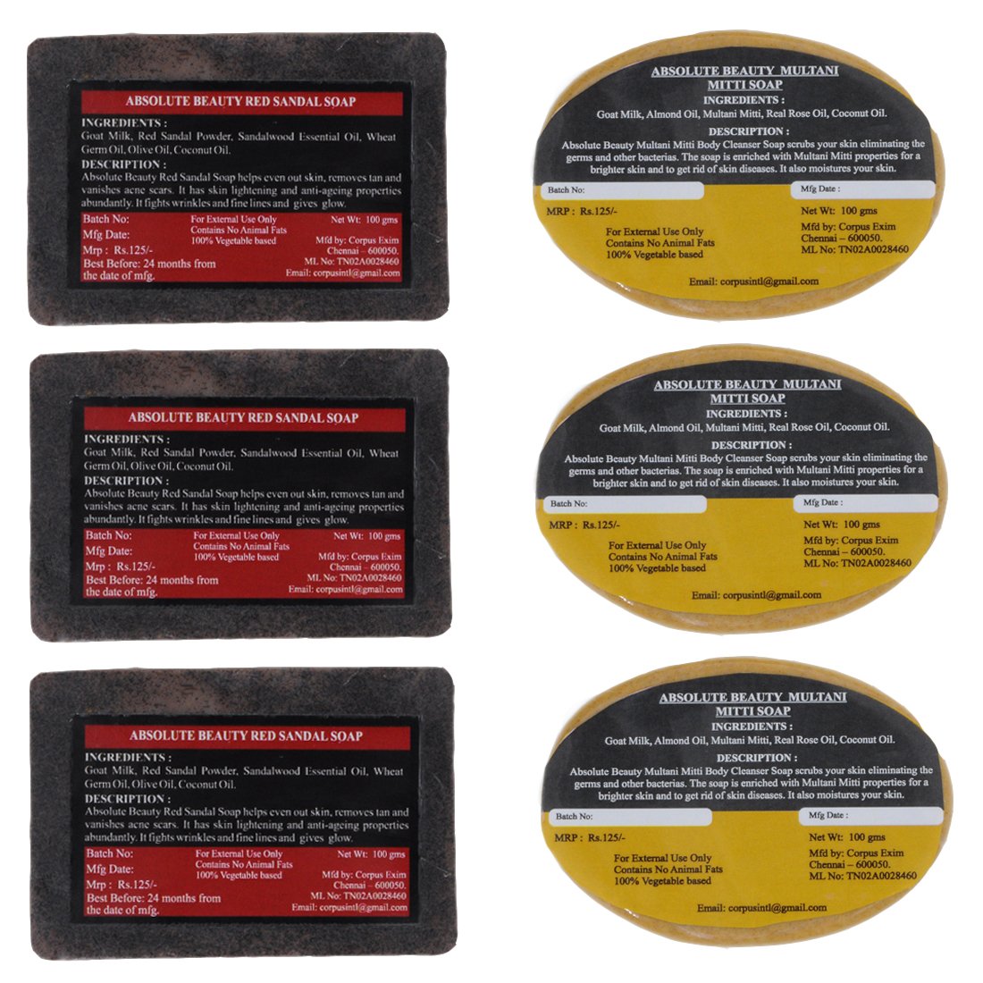 Khadi Absolute Beauty Red Sandal & Multani Mitti Beauty Bath Soap, 100 g Each (Pack of 6)