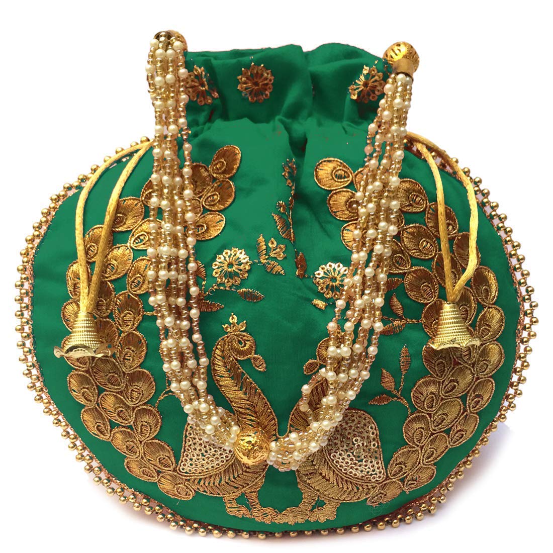 Indian Ethnic Designer Embroidered Silk Potli Bag Batwa Pearls Handle Purse Clutch Purse for Women