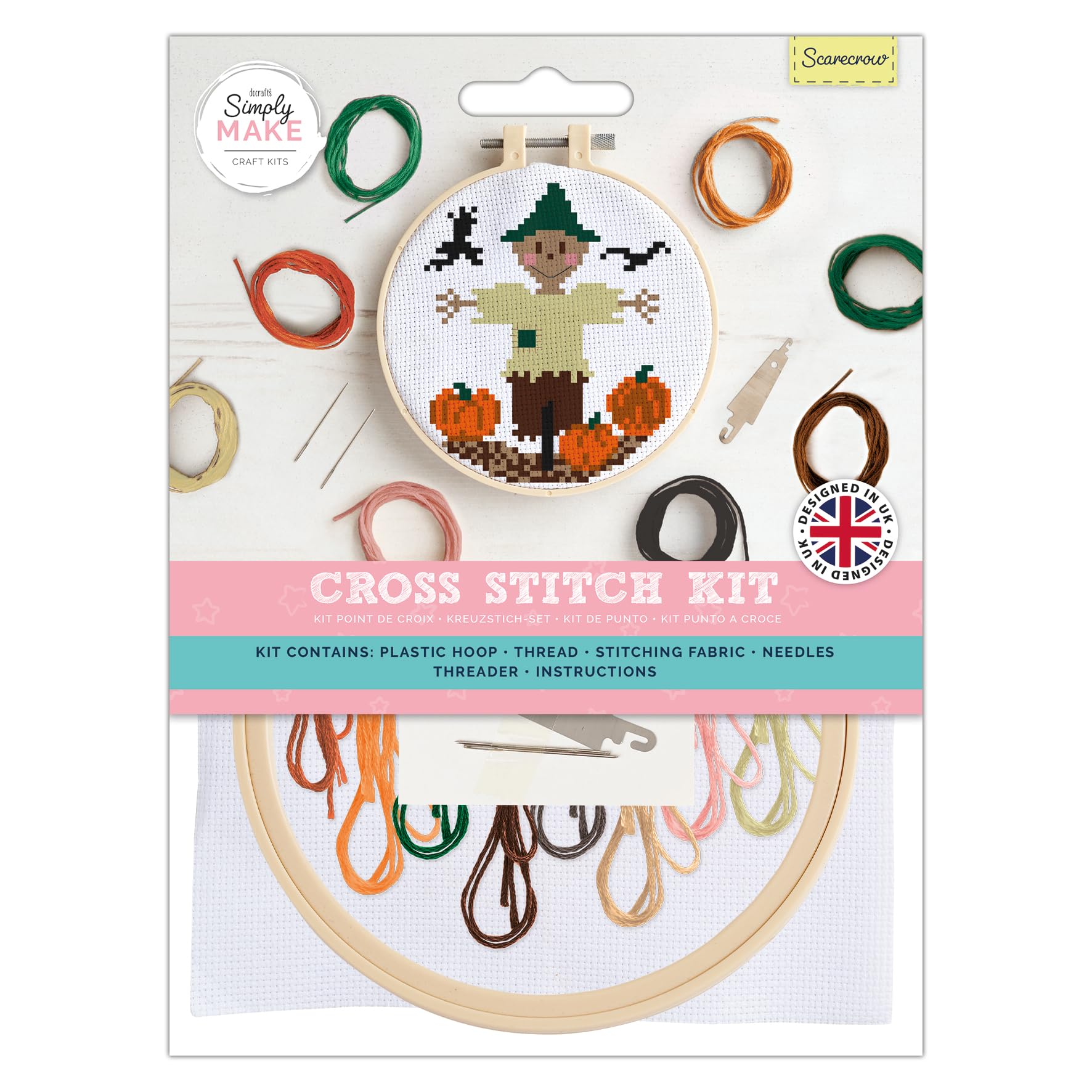 Simply Make Cross Stitch Kit - Scrarecrow Design for Kids and Adults, Including Hoop, Embroidery Thread, Fabric and Needle - Perfect for Adult Crafts and Beginners - Starter Cross Stitch Craft Kit