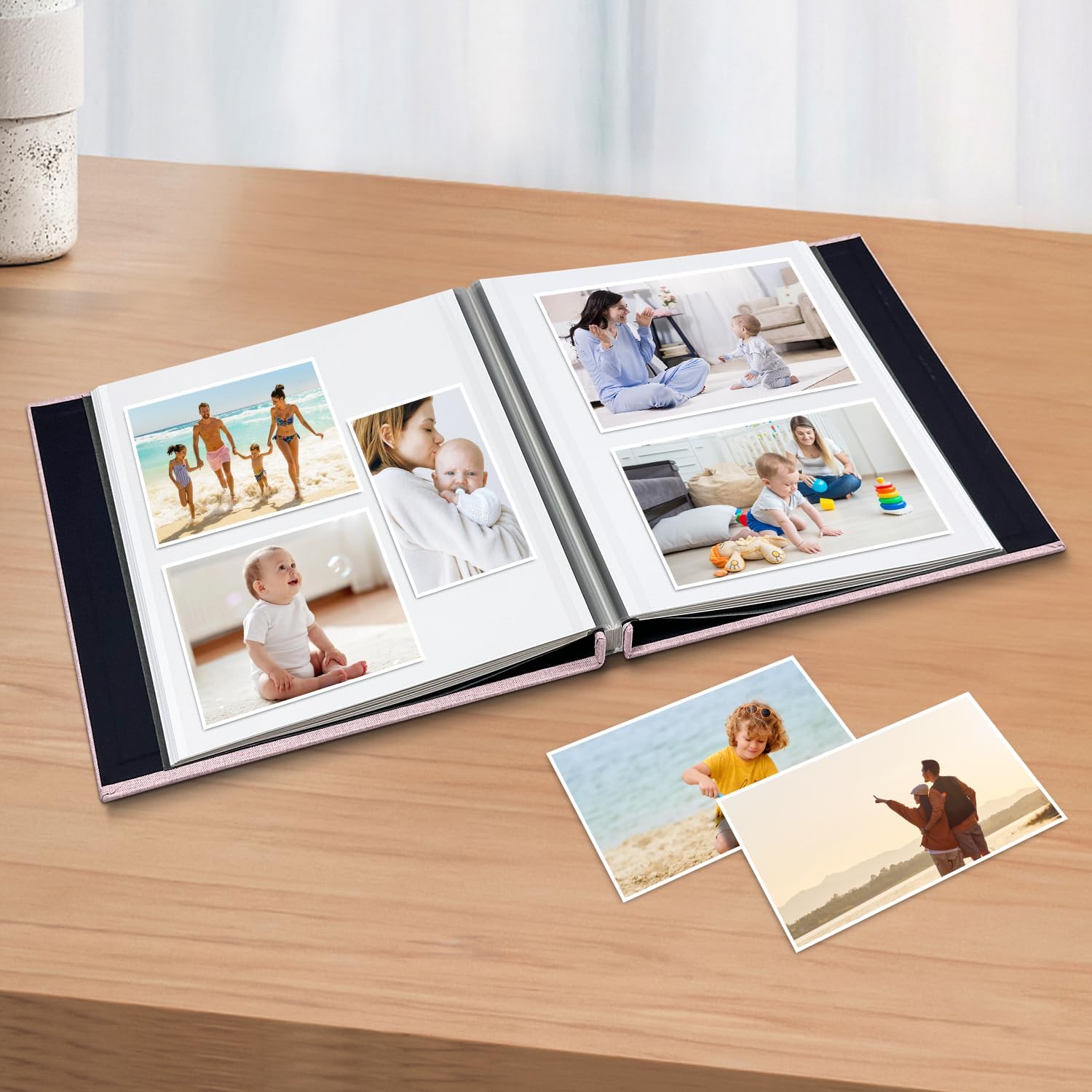 Large Photo Album Self Adhesive Scrapbook Album for 4×6 5×7 8×10 Pictures DIY Magnetic Linen Cover Album 60 Pages for Family Wedding Gifts with Metal Pen and Plastic Board