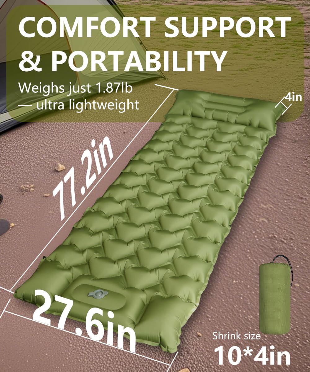 Camping Sleeping Pad, Extra Thickness 4 Inch Ultralight Inflatable Sleeping Mat With Built-In Foot Pump, Durable Compact Waterproof Camping Air Mattress For Tent,Carry Bag,Hiking,Tent (Olive Green)