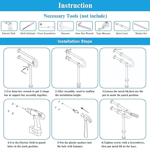 Miniatura 6 de Barra de baño para discapacitados, pasamanos antideslizantes de acero inoxidable 304 para inodoro y ducha de discapacitados, barandilla de seguridad