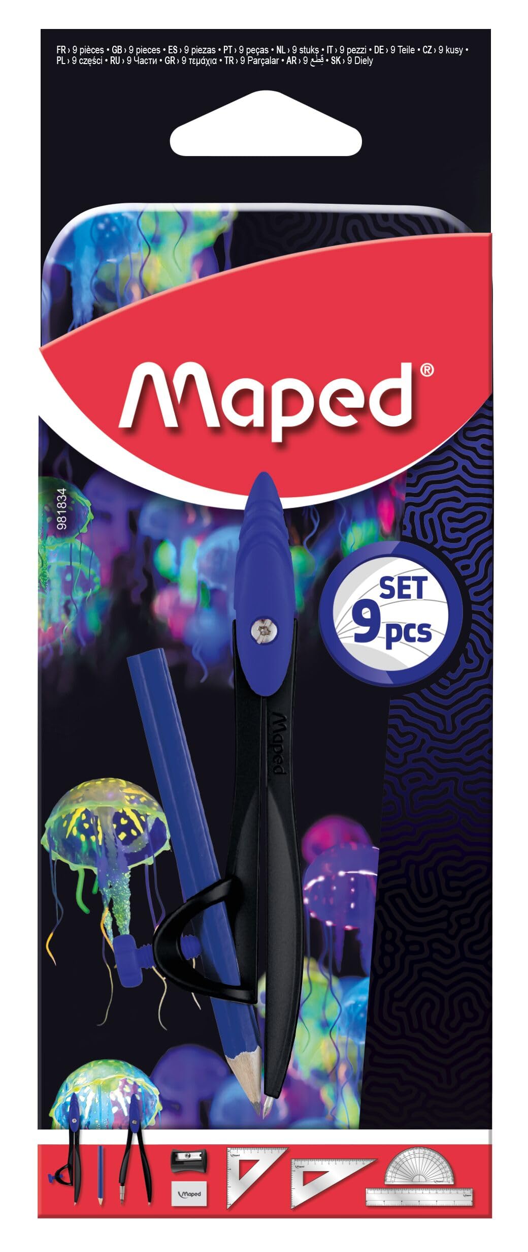 Maped - Deepsea Paradise School Compass Mathset Set - Ring Compass + Lead Compass + Drawing Set + Pencil Sharpener + Eraser + Pencil