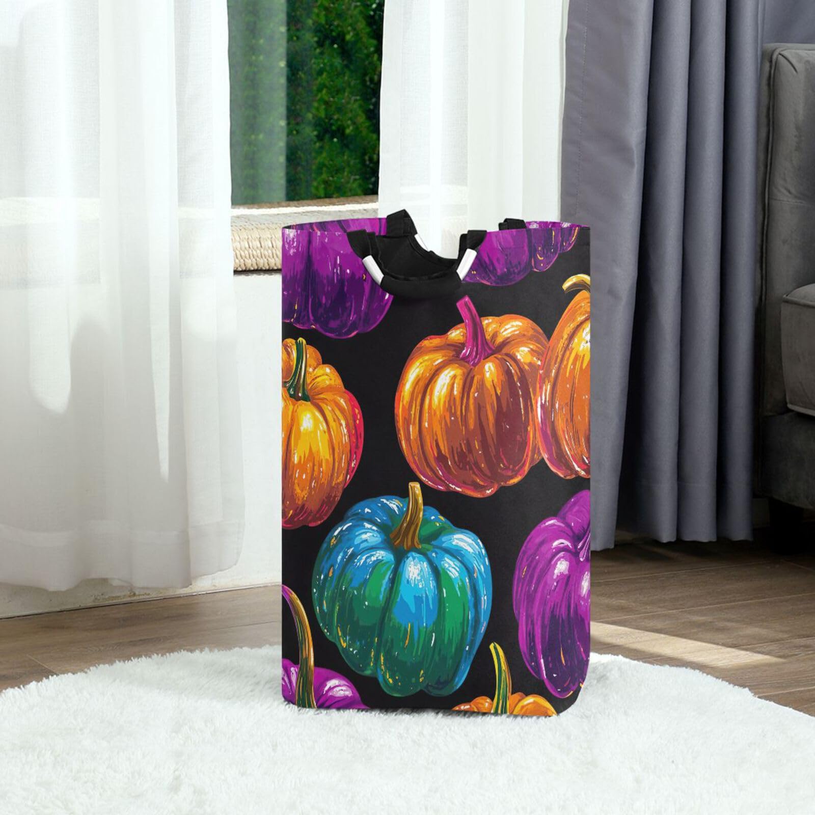 Jihqo Laundry Hamper Basket Halloween Colored Pumpkins Collapsible Nursery Storage Bin Waterproof Clothing Baskets for Home Bedroom Bathroom Washing Room