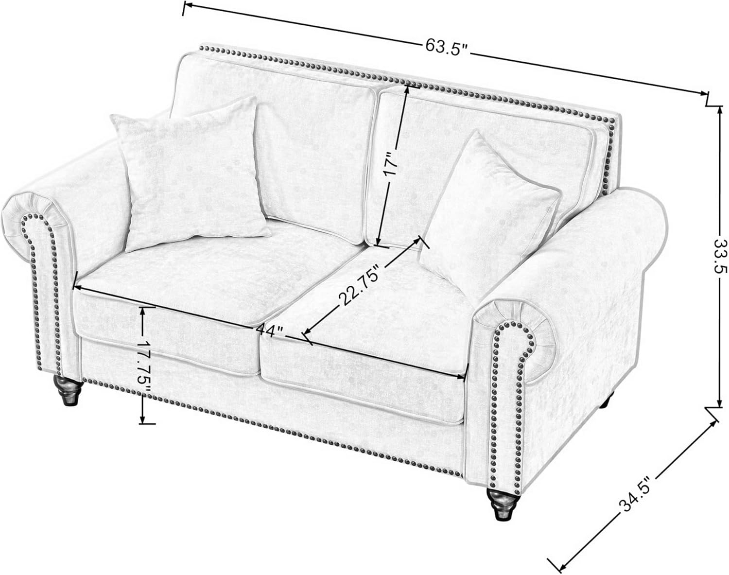 Rolled Arm Chenille Upholstered Loveseat, 2-Seater Sofa Couch with Nailhead Trim and 2 Pillows Green