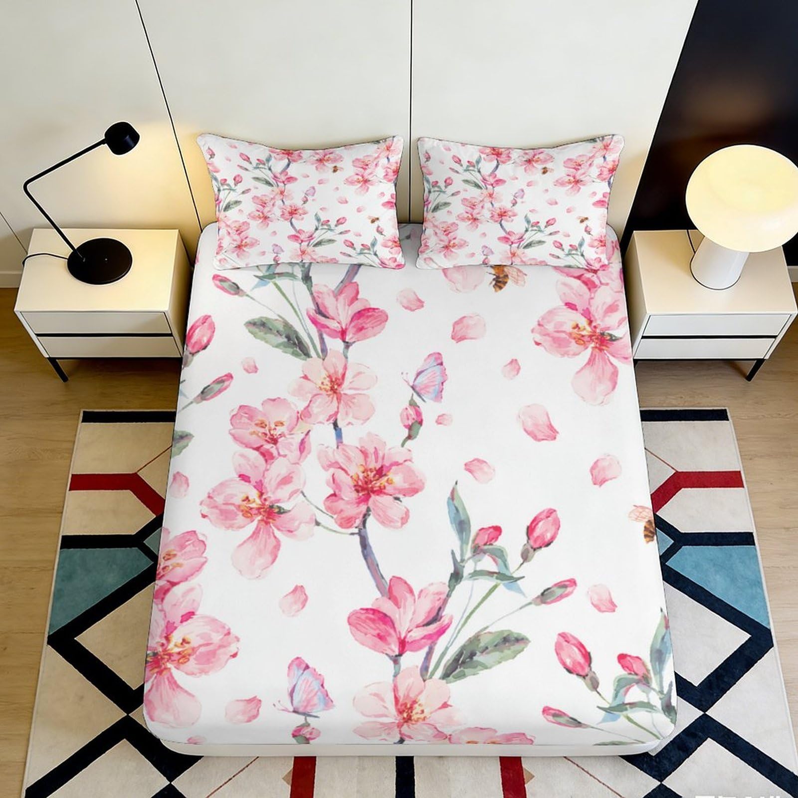 3D Printed Pink Magnolia Fitted Sheet Microfiber Soft Breathable Watercolor Blossom Mattress Cover for Bedroom Guest Room Decor 90x200x25cm