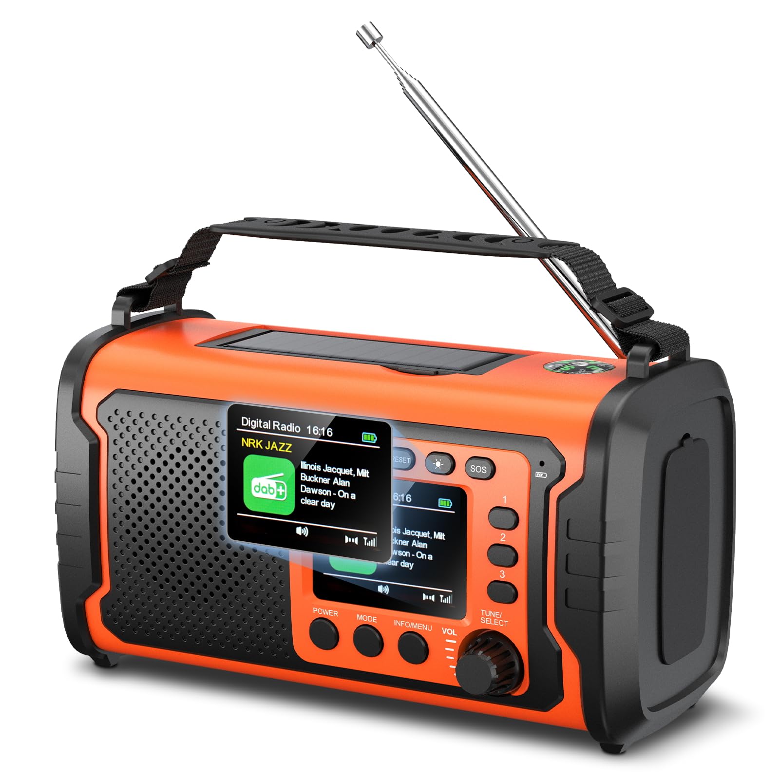 Radio di Emergenza DAB+/FM 20000mAh con Powerbank, Solare e Manovella | Bluetooth 5.3, SOS, Torcia e Luce da Lettura per Casa, Campeggio, Camper e Blackout, Arancione