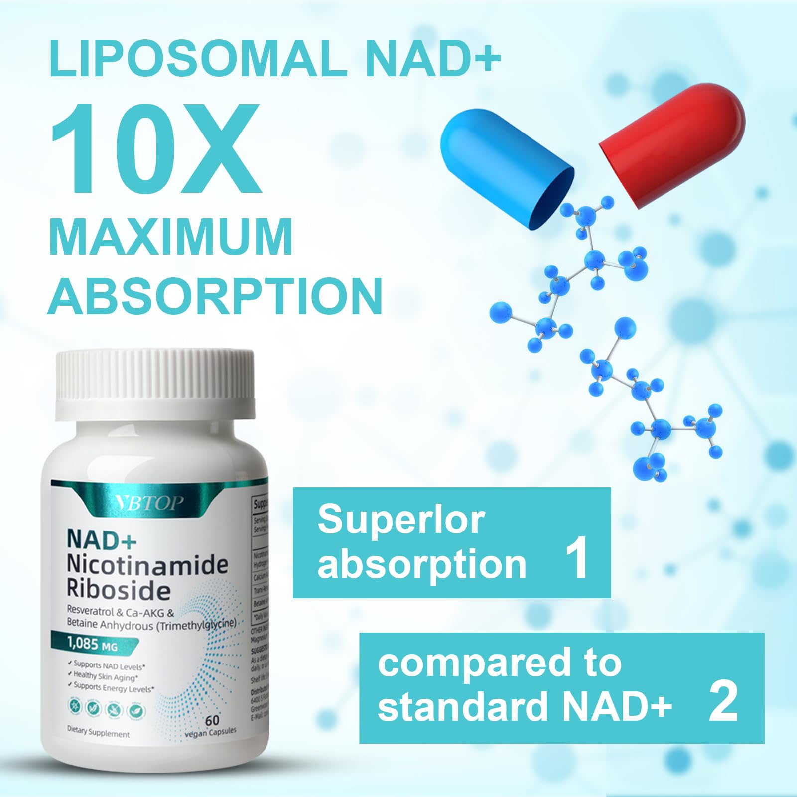 NAD+Supplement, with Trans-Resveratrol, Liposomal NAD+ 500 mg - 60 Capsules — Amazon image 3