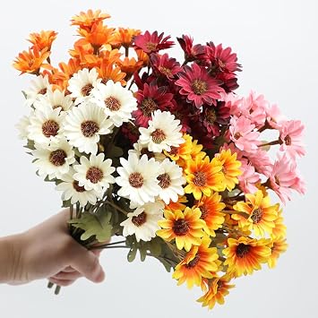 Artificial Sunset Mums, Artificial Outdoor Sunset Mums Flowers-for Outside Porch Garden Pots Planters Autumn Fall Decor,UV Resistant, Waterproof, Windproof,Look Real (A-Yellow,5 Bundle)
