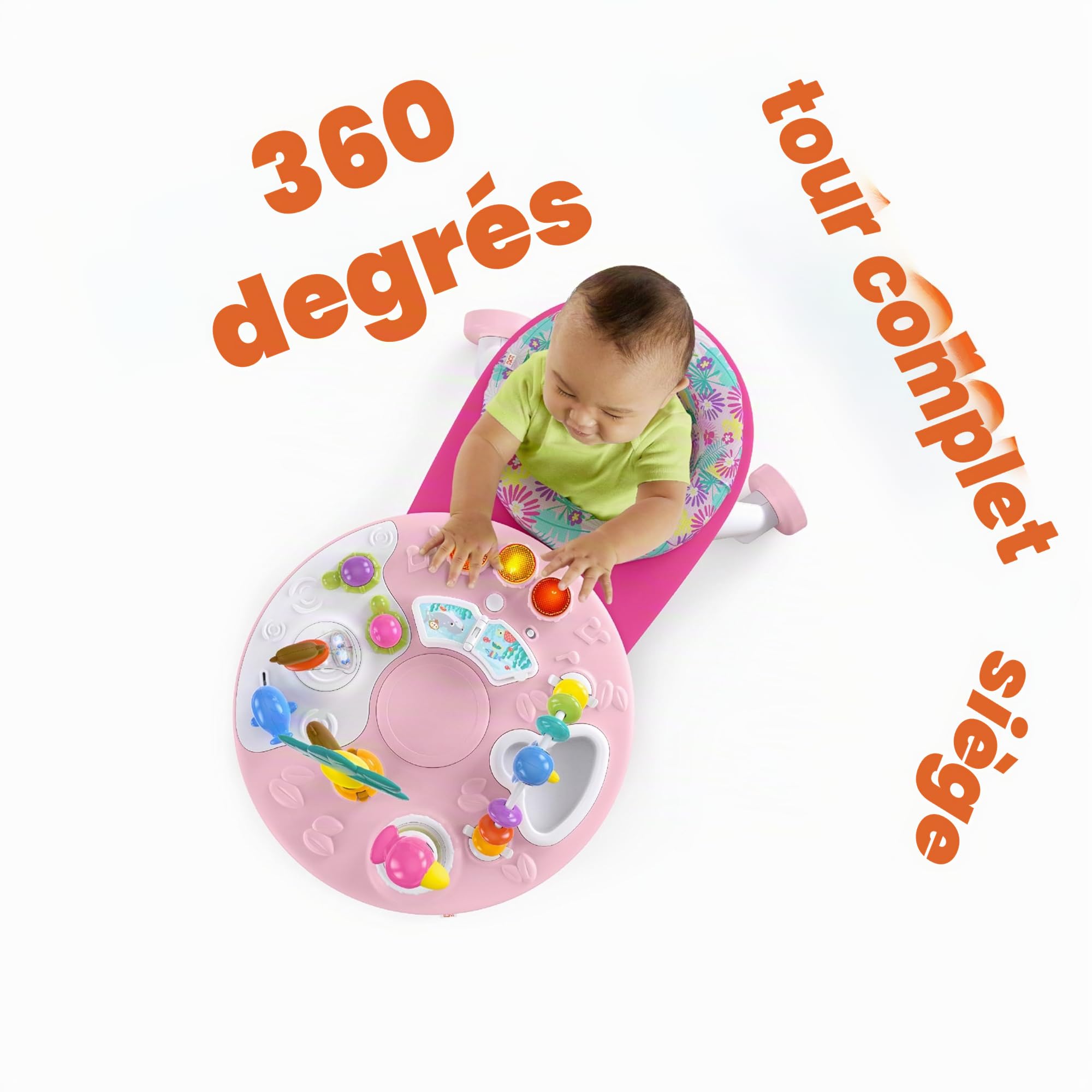 Bright Starts, Table et Siège Tournant, Centre d'Activités 2 en 1 Around We Go avec Sons et Lumières, 10 Jouets D'activité, Trotteur Musical pour Apprentissage de la Marche, Rose, à partir de 6 Mois
