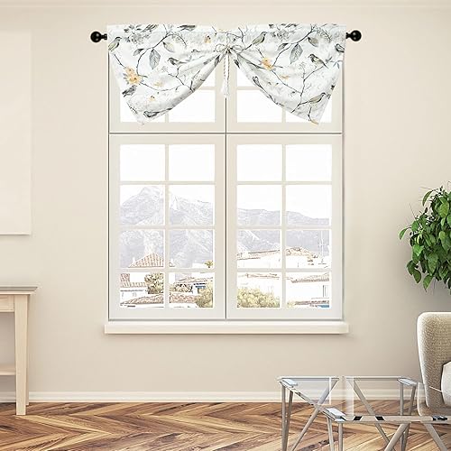 Miniatura 2 de VOGOL - Cenefa gris para ventanas de sala de estar, 1 panel con patrón de pájaros, textura de lino para cocina, cenefa rústica corta de 42 x 18