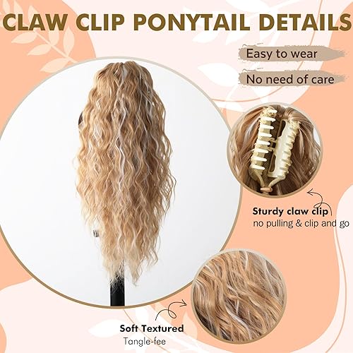 Miniatura 3 de Extensión de cola de caballo con garra, extensión de cola de caballo larga y rizada para mujer, extensiones de cabello sintético marrón con clip,