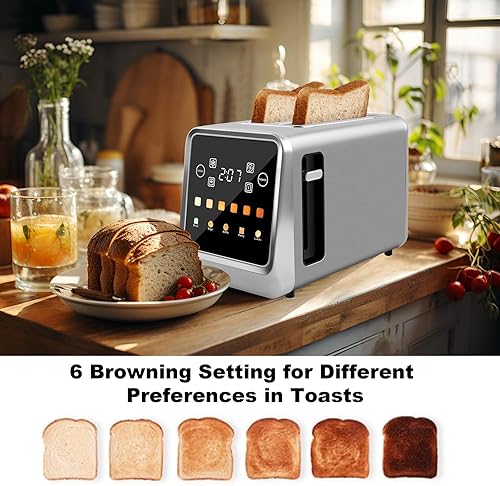 Miniatura 4 de Tostadora de pantalla táctil de 2 rebanadas, tostadora de bagel con pantalla LCD, tostadoras digitales inteligentes de acero inoxidable con tostada