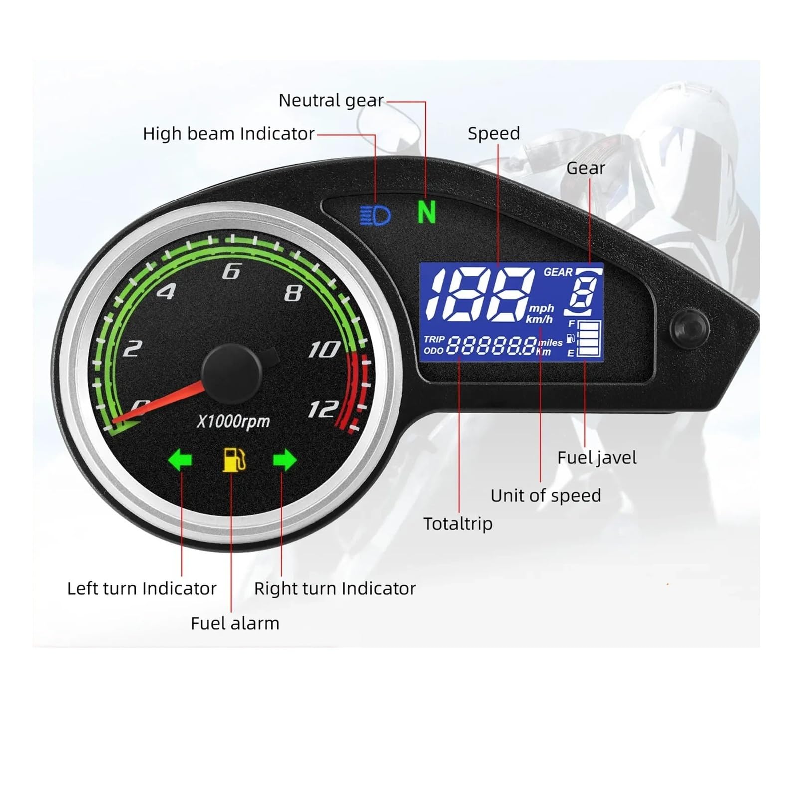 Compteur Vitesse Moto Compte-Tours De Moto avec Clignotant pour NXR150 NXR125 Bros 2003-2014 pour CRV Compteur Kilométrique Numérique À LED Compteur De MPH