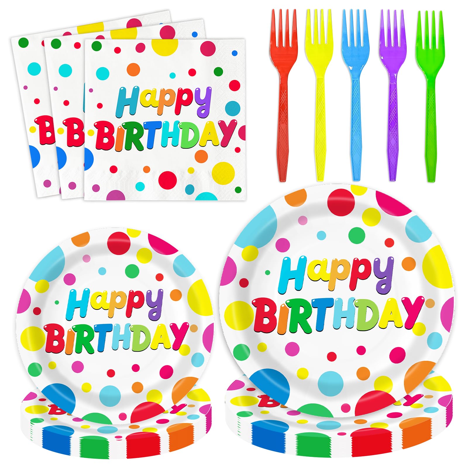 Photo 1 of 100 PCS Happy Birthday Paper Plates Napkins and Forks Set Serve 25, 9 Inches and 7 Inches Colorful Polka Dots Cake Dessert Plates Disposable Dinnerware Tableware Decor for Dinner Bday Party Supplies