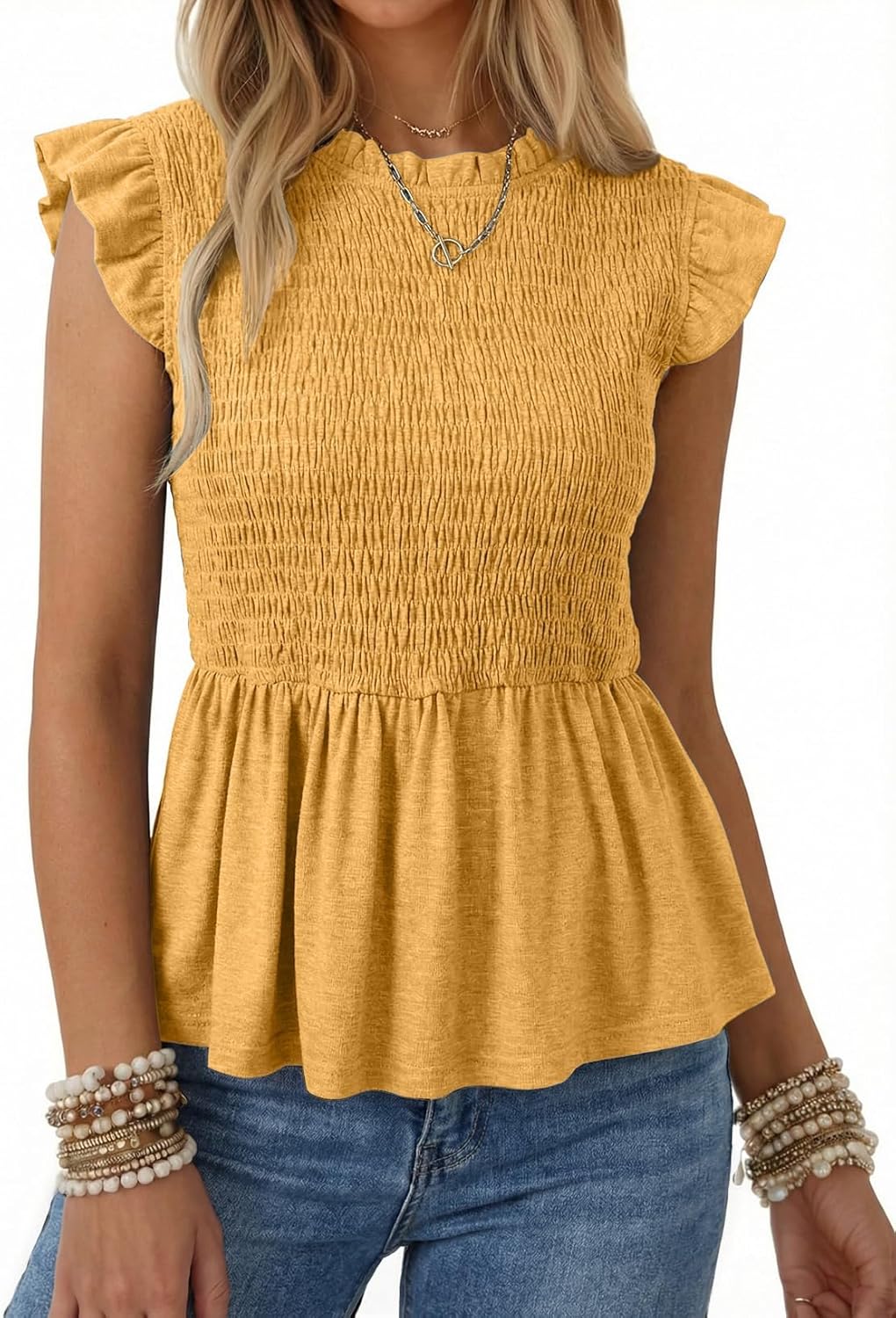 SHEWIN Womens Blouses Peplum Babydoll Summer Tops Ruffle Sleeve Dressy Casual Elegant Ladies Solid Shirts Spring Clothes