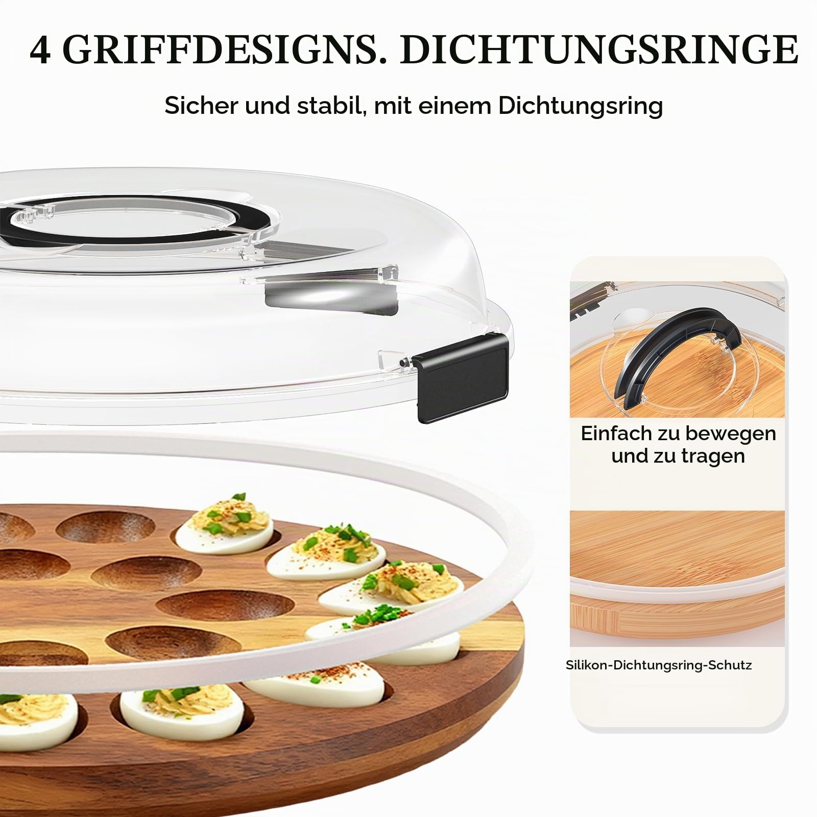 Eier Servierplatte mit Deckel, Servierplatte mit Fächern, Gefüllte Eier Servierplattes, Bambus Servierplattes, mit 24 Fächern und Klarem Acryl-Deckel, mit Tragegriff, für Snacks, Partys
