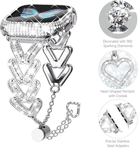 Miniatura 3 de WINGLE Correas plateadas para Apple Watch de 1.614 in para mujer, iWatch Series 8 7, correa de metal de acero inoxidable de lujo, pulsera de