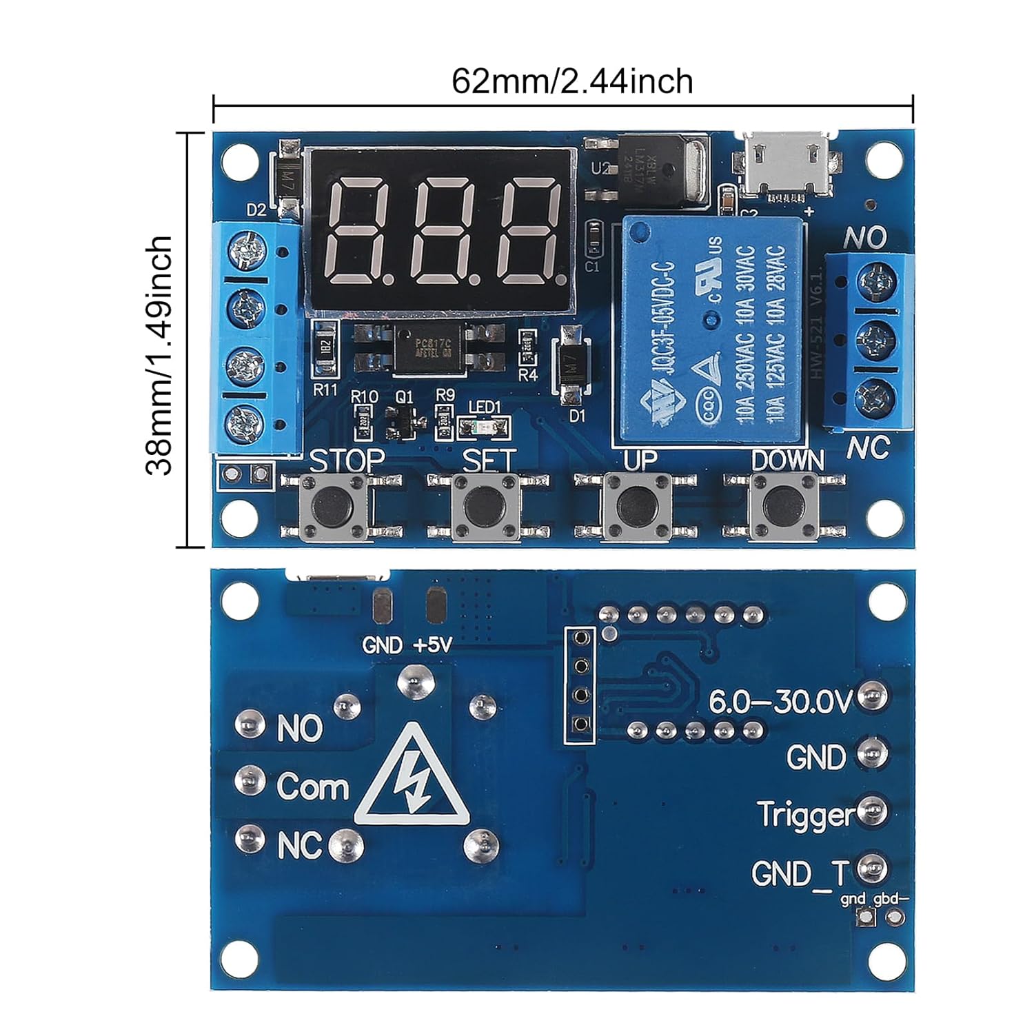 Coliao Timer Relay Module with dimensions and component labels