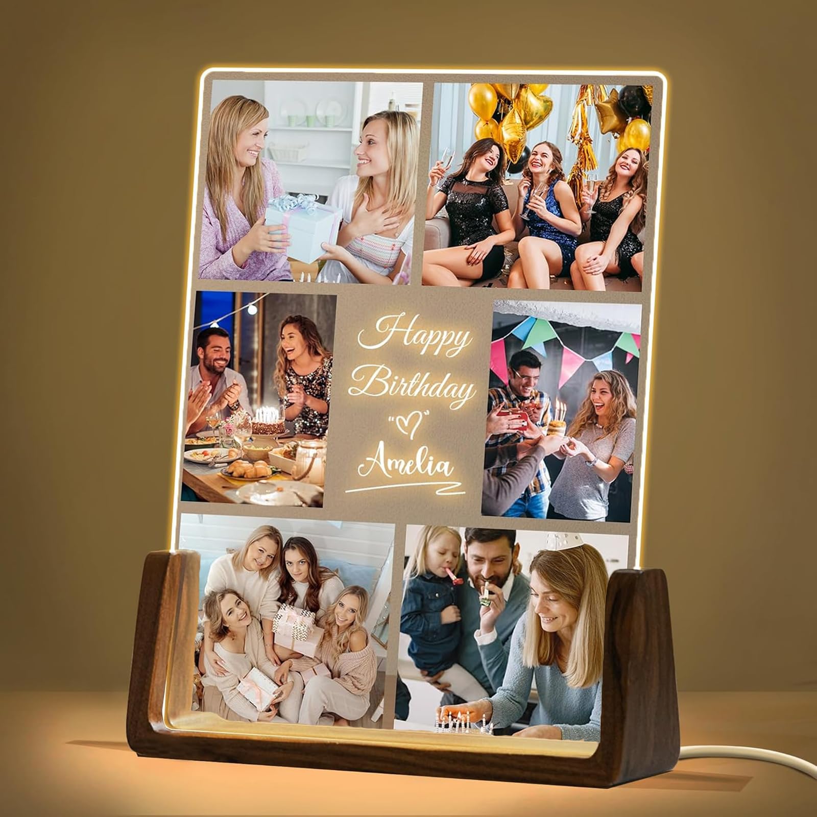 Marco de Fotos Personalizado, Cuadro de Placa Acrílico Personalizado con Luz, Regalo Marco de Fotos Iluminado Personalizado para Cumpleaños Aniversario Boda Familia Amigos Mamá Papá Niños (6 Fotos)