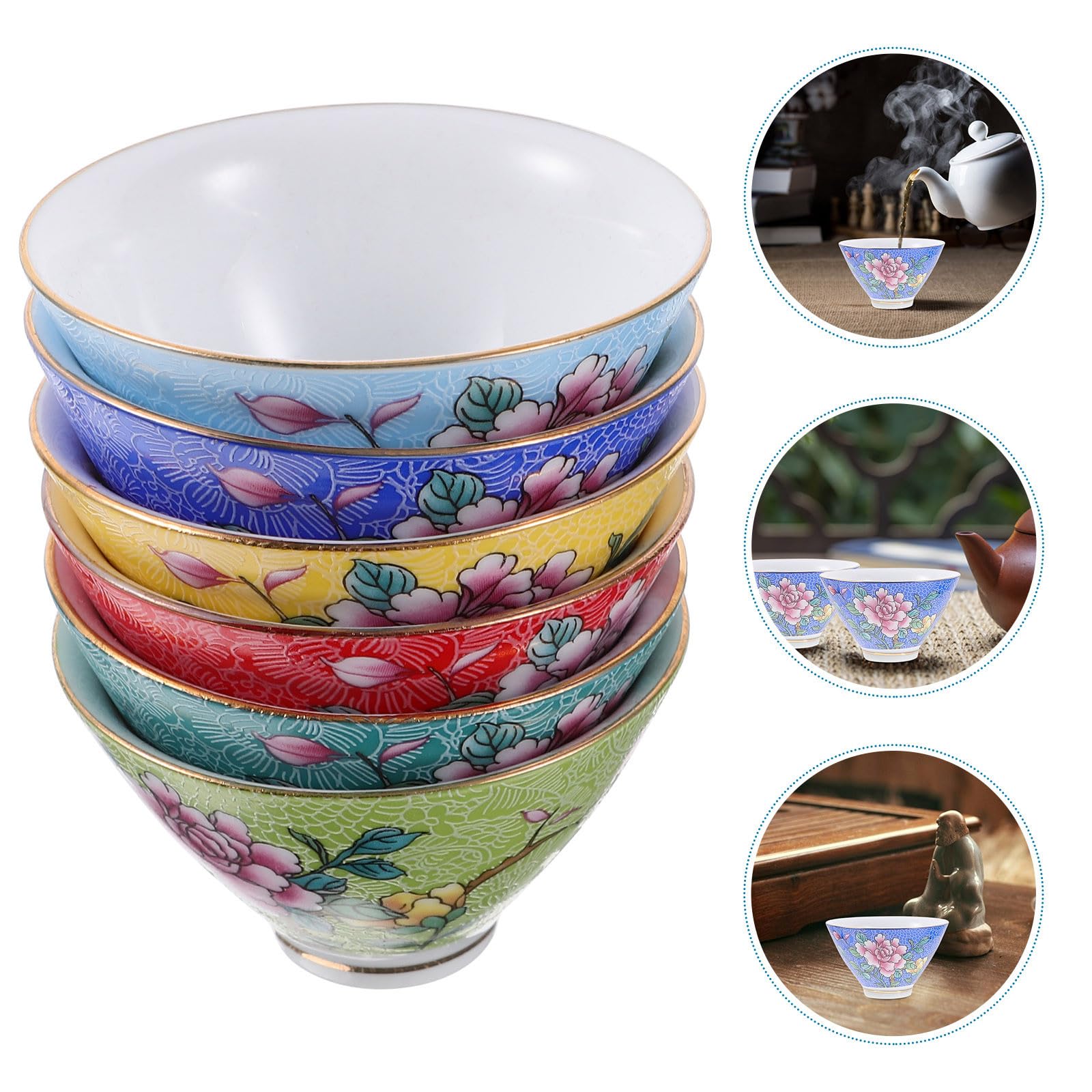 KICHOUSE Juego de 6 Tazas de Té de Cerámica Retro sin Asas Boca Redondeada para Fiesta de Té y Entretenimiento en Casa