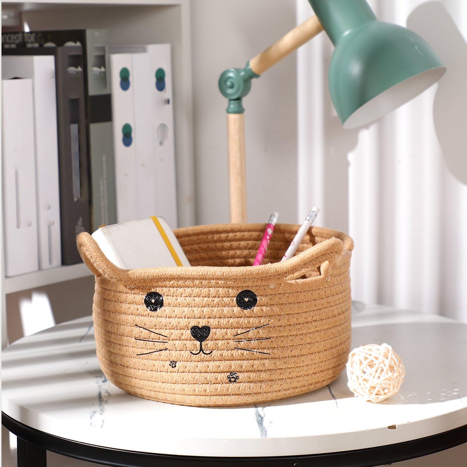 Zopeal - Panier de rangement tissé décoratif en forme de chat avec oreilles - Panier mignon en corde de coton pour animaux de compagnie, cadeau, jouets, chambre d'enfant - 21 x 12 cm - Kaki