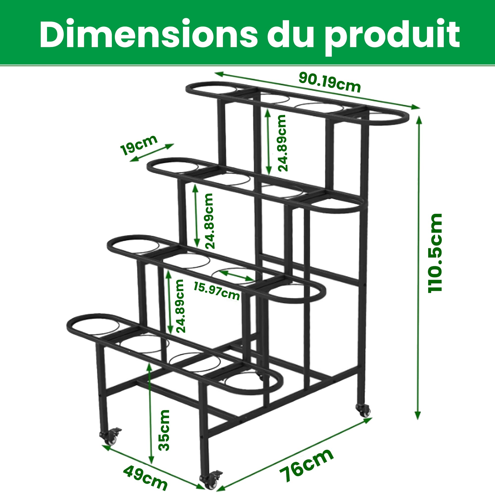 uyoyous Support de Plantes à 4 Étages, Support pour Plantes en Métal Étagère à Fleurs d'Intérieur et d'Extérieur avec Roulettes pour Balcon, Jardin, Salon, Ne comprend pas les 16 pots de fleurs, Noir