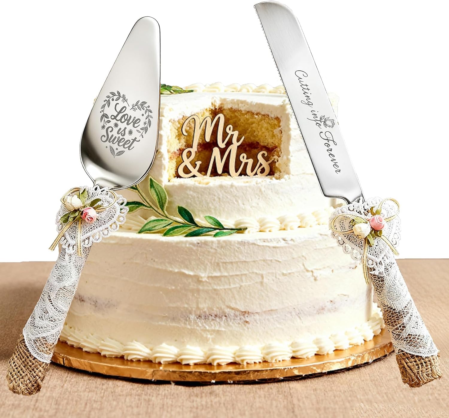 Wedding Cake Knife and Server Set – 10.83" Serrated Knife & 9.84" Server with Rustic Lace Burlap Handles, Stainless Steel Blades, for Bride & Groom, Anniversary & Engagement Gift (silver)