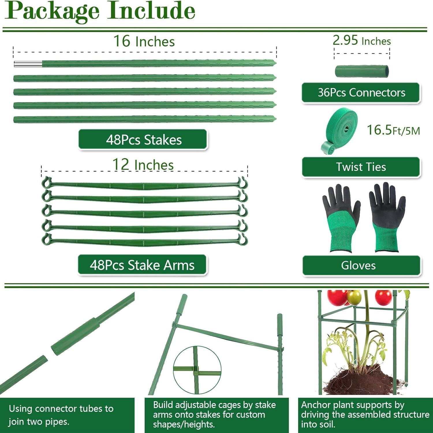 6Pack 12" Width Up to 48" Height Adjustable Square Tomato Cages for Garden, Plant Support Stakes for Climbing Vegetable, Tomatoe, Flower, with Twist Ties Snap-On Stake Arms
