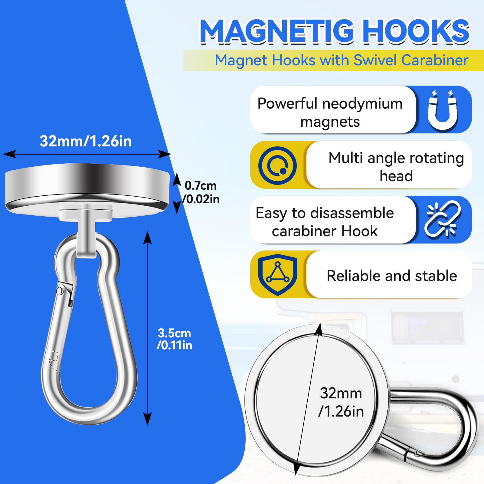 Haczyki magnetyczne, ekstra mocne, 27 kg, magnesy neodymowe z haczykami, 32 mm grubości magnesy, karabińczyk, haczyk z oczkami, do kuchni, na kemping, do garażu, biura (2 szt